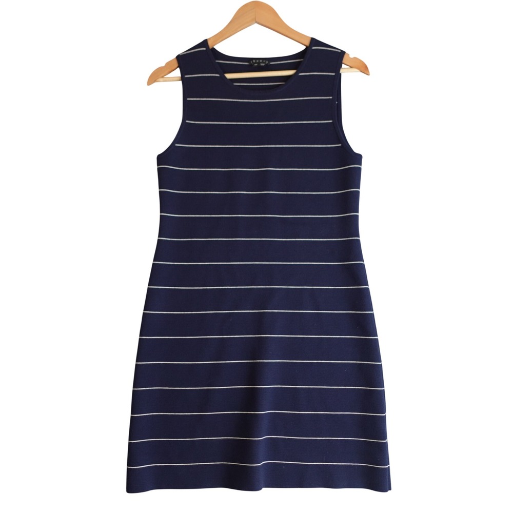 Theory Striped Mini Tank Dress S Navy Blue White Knit Wool Blend Nautical Preppy